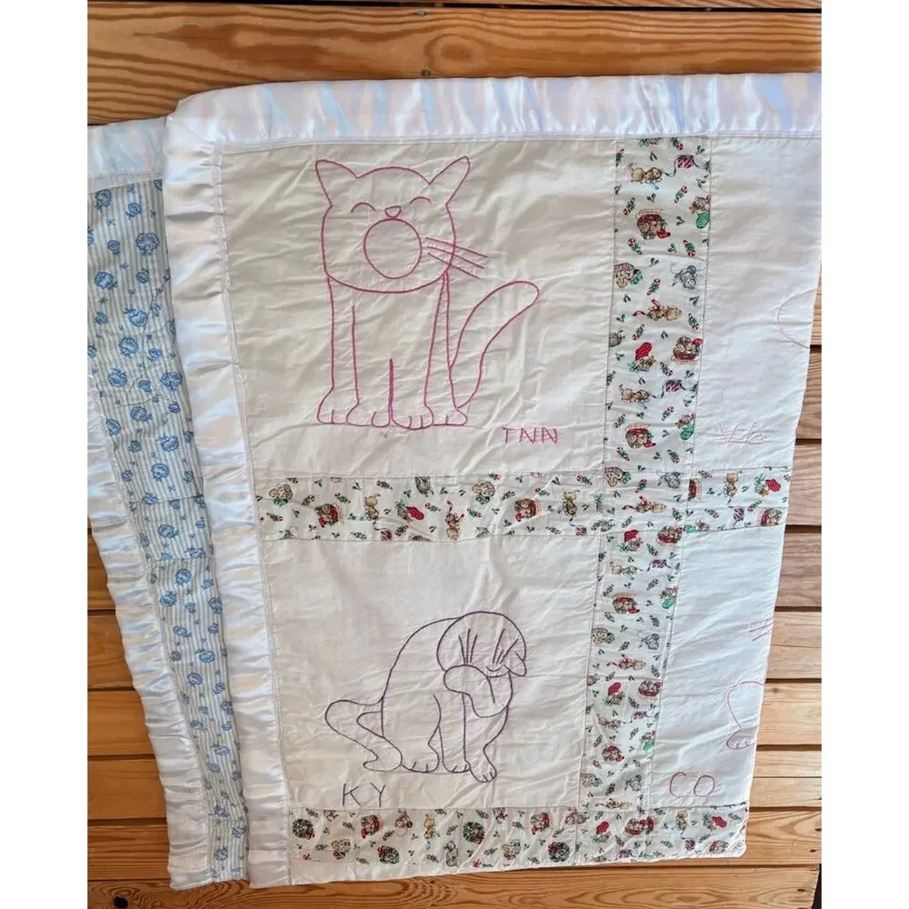 Vintage Handmade Embroidered Cat Quilt Size 64x50 White H2